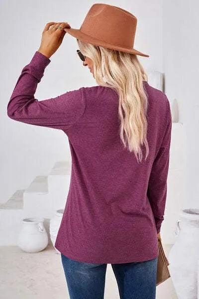 Notched Button Detail Long Sleeve T-Shirt Women's T-Shirts - Tophatter Daily Deals